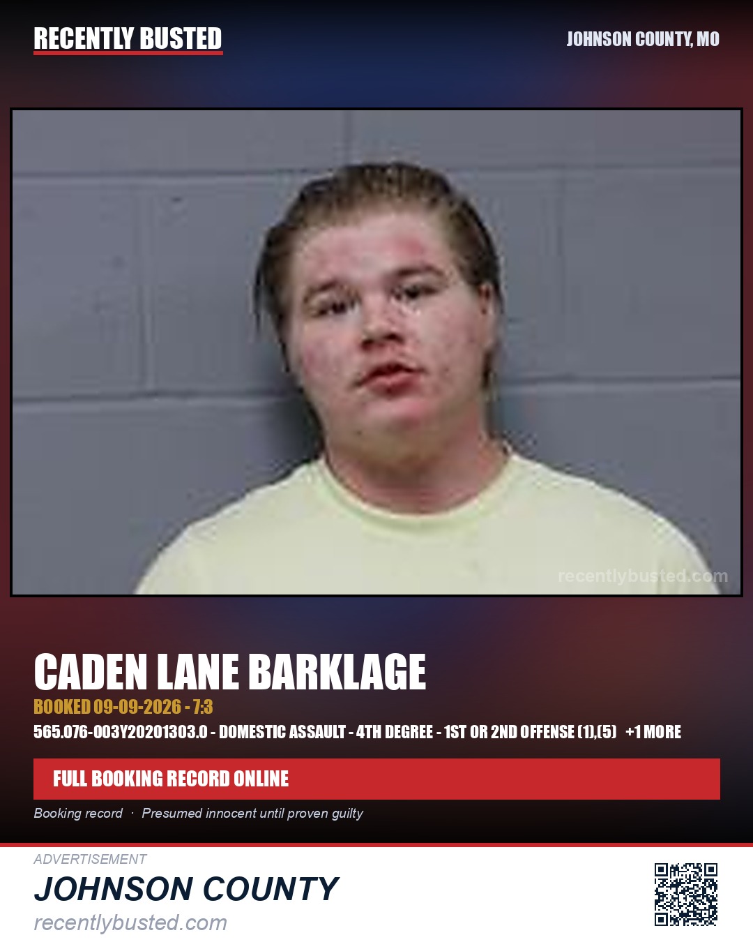 BARKLAGE, CADEN LANE — arrest record card, Johnson County, Missouri