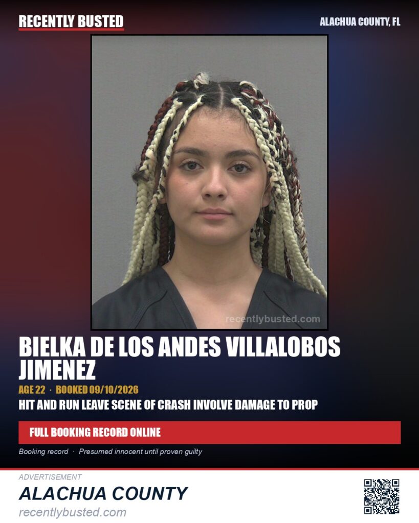Bielka De Los Andes Villalobos Jimenez — arrest record card, Alachua County, Florida