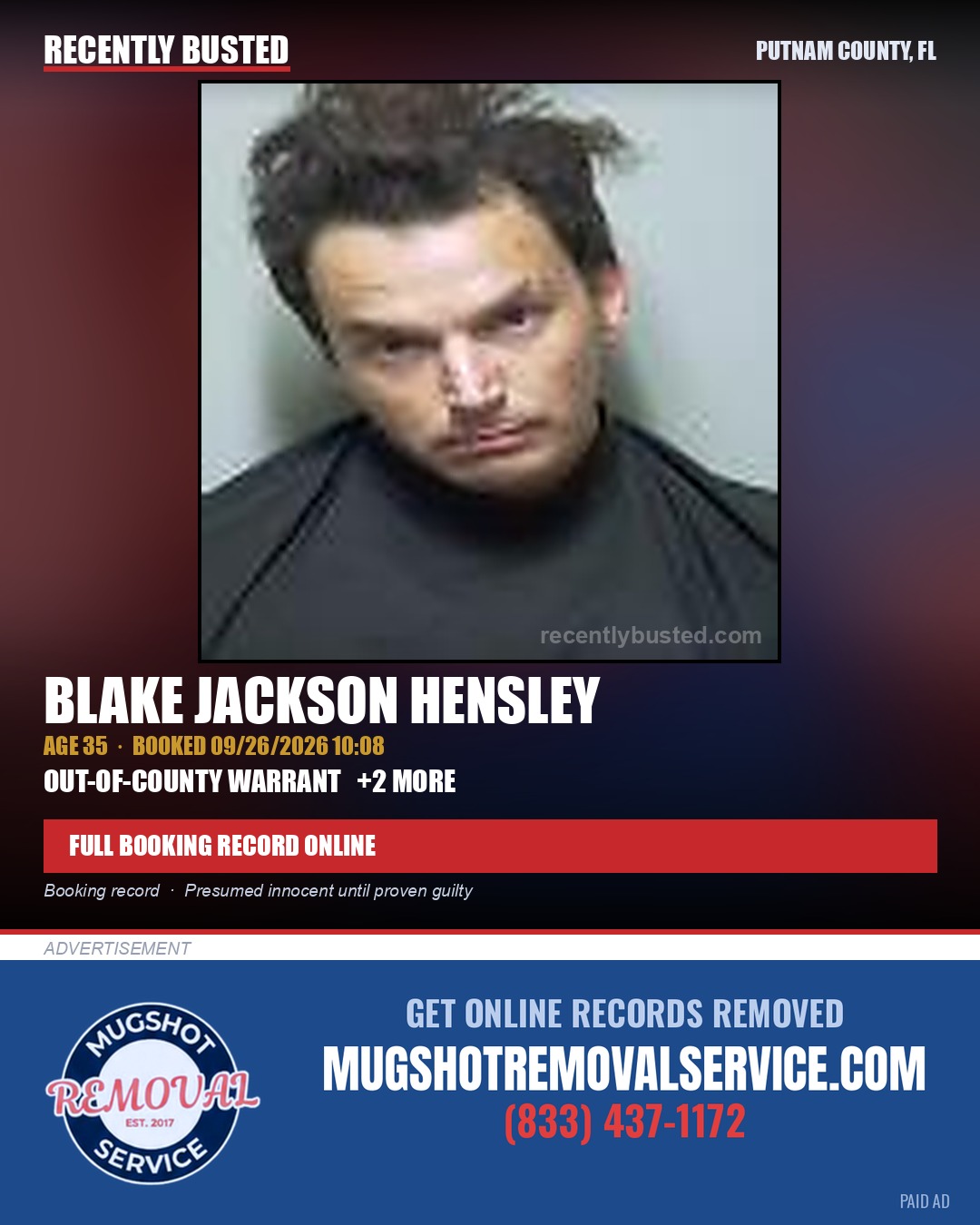 Blake Jackson Hensley — arrest record card, Putnam County, Florida
