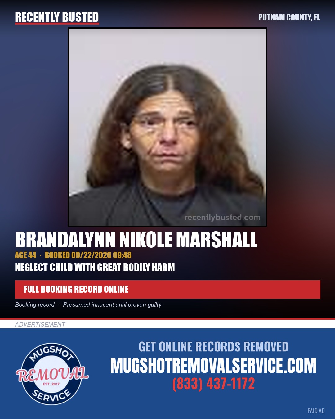 Brandalynn Nikole Marshall — arrest record card, Putnam County, Florida