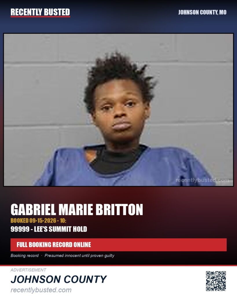 BRITTON, GABRIEL MARIE — arrest record card, Johnson County, Missouri