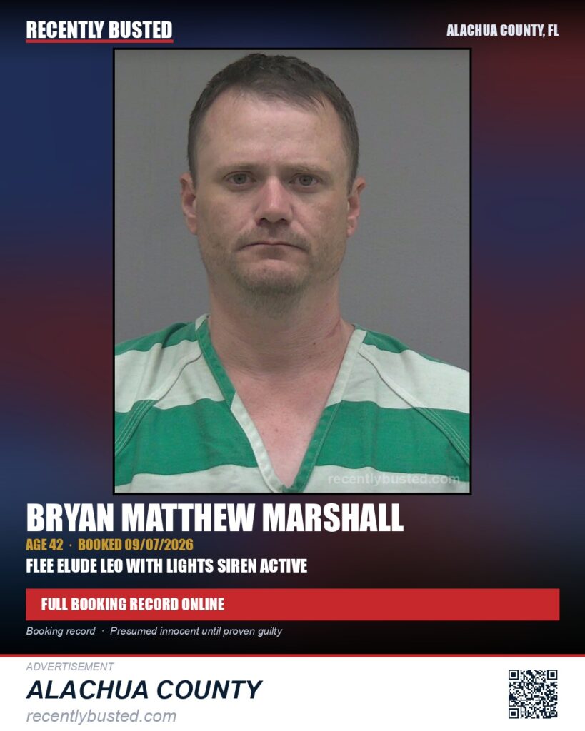 Bryan Matthew Marshall — arrest record card, Alachua County, Florida