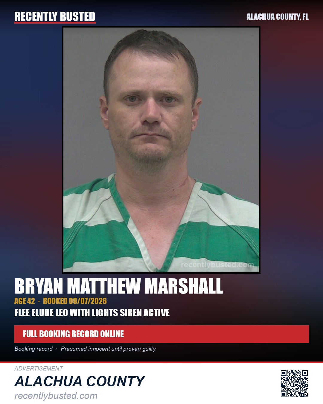 Bryan Matthew Marshall — arrest record card, Alachua County, Florida