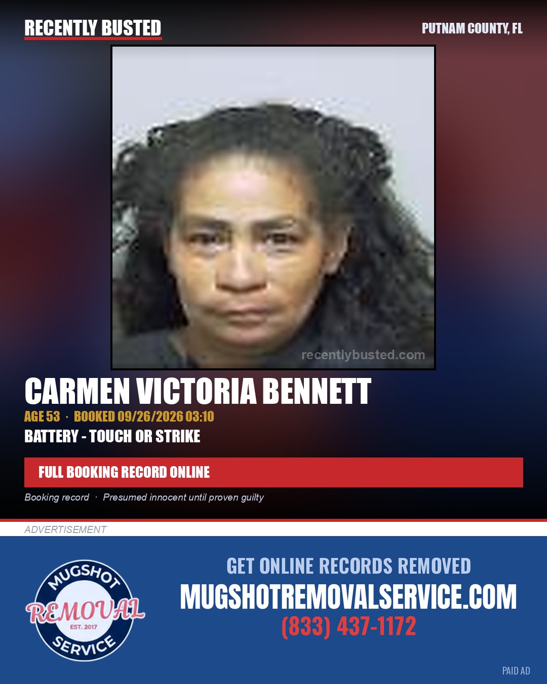 Carmen Victoria Bennett — arrest record card, Putnam County, Florida