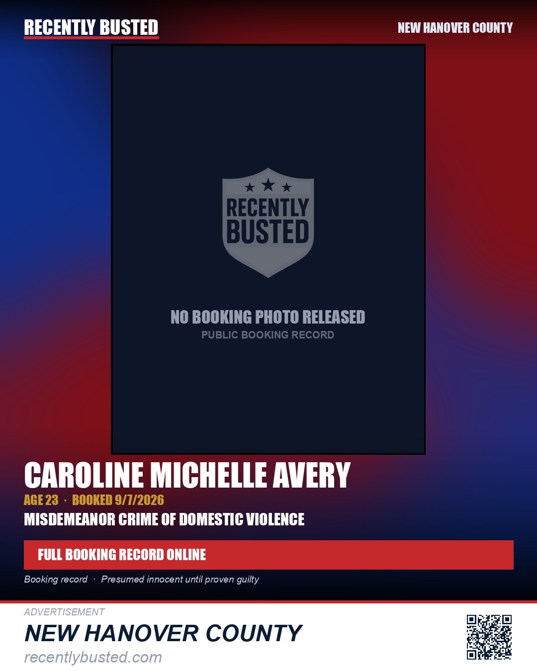 CAROLINE MICHELLE AVERY — arrest record card, New Hanover County