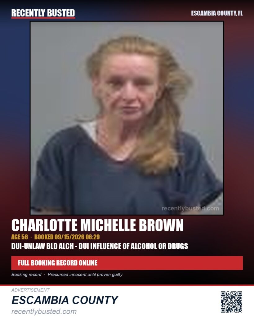 Charlotte Michelle Brown — arrest record card, Escambia County, Florida