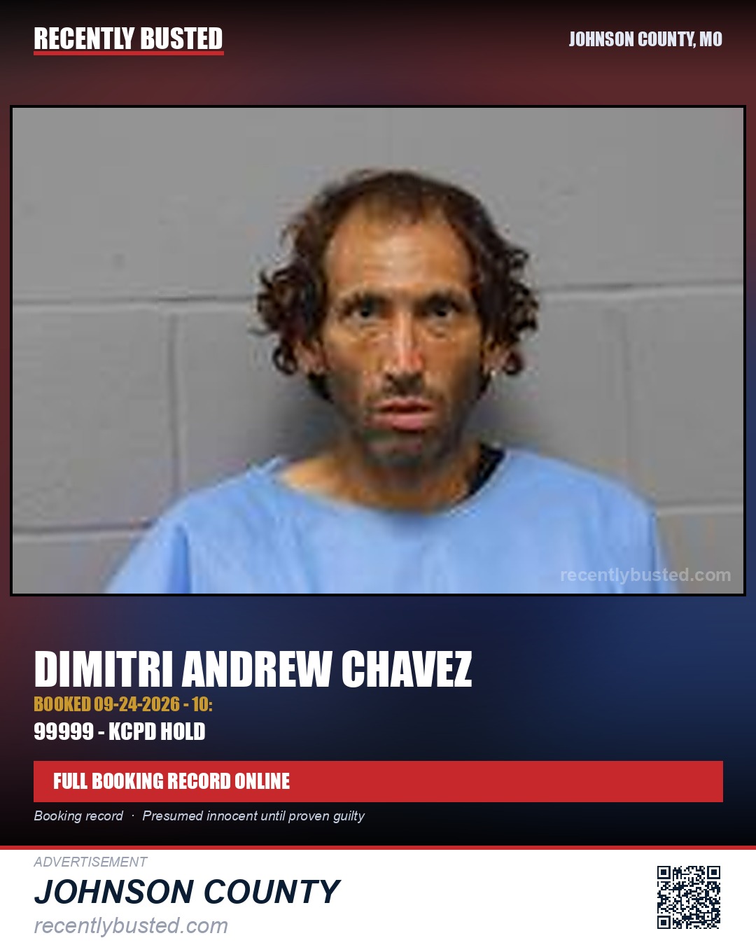 CHAVEZ, DIMITRI ANDREW — arrest record card, Johnson County, Missouri