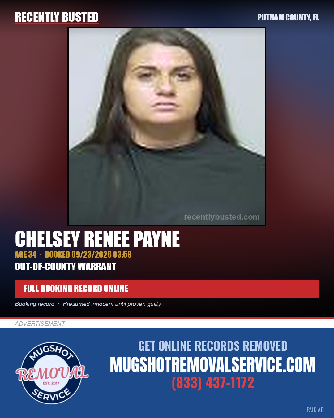 Chelsey Renee Payne — arrest record card, Putnam County, Florida
