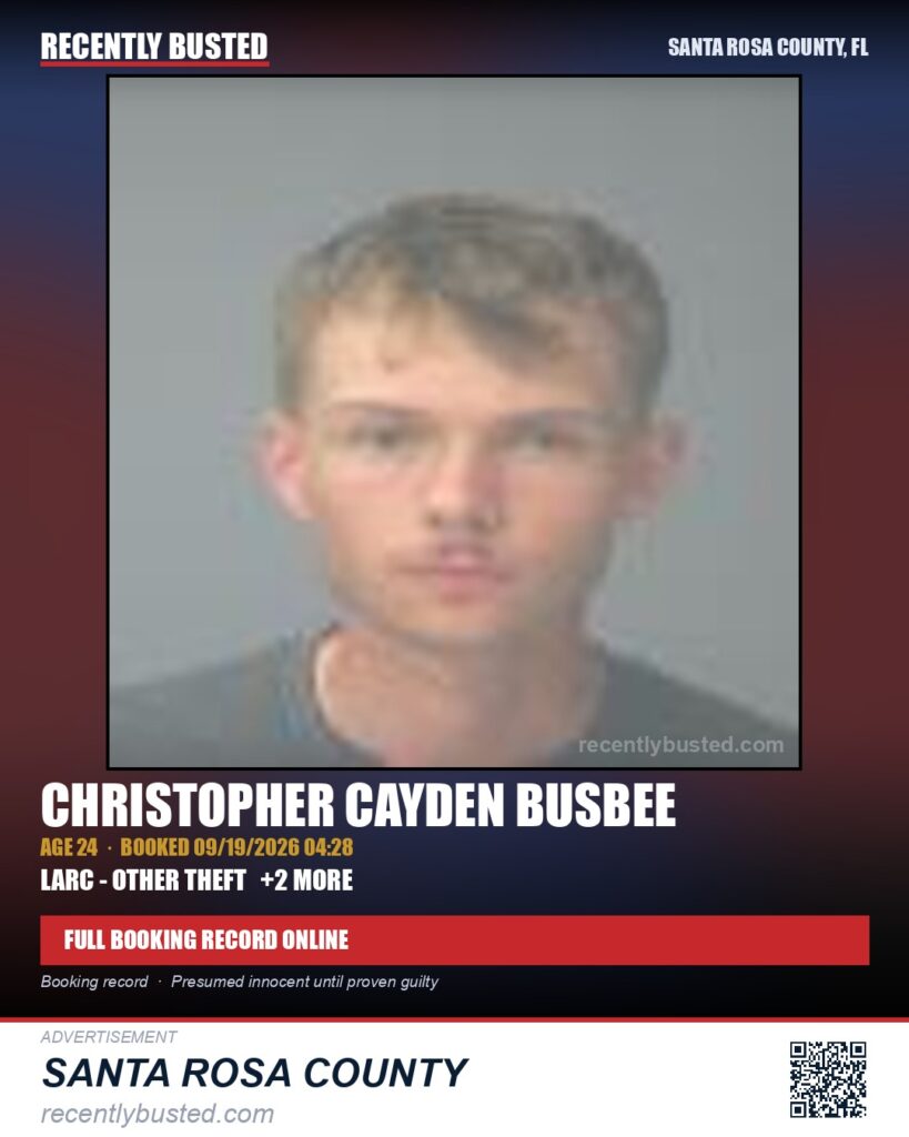 Christopher Cayden Busbee — arrest record card, Santa Rosa County, Florida