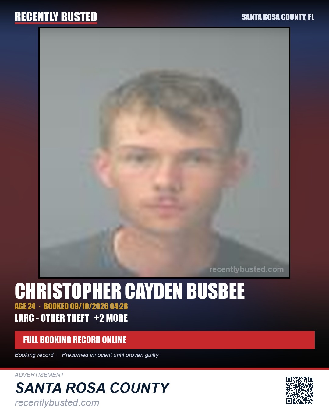 Christopher Cayden Busbee — arrest record card, Santa Rosa County, Florida