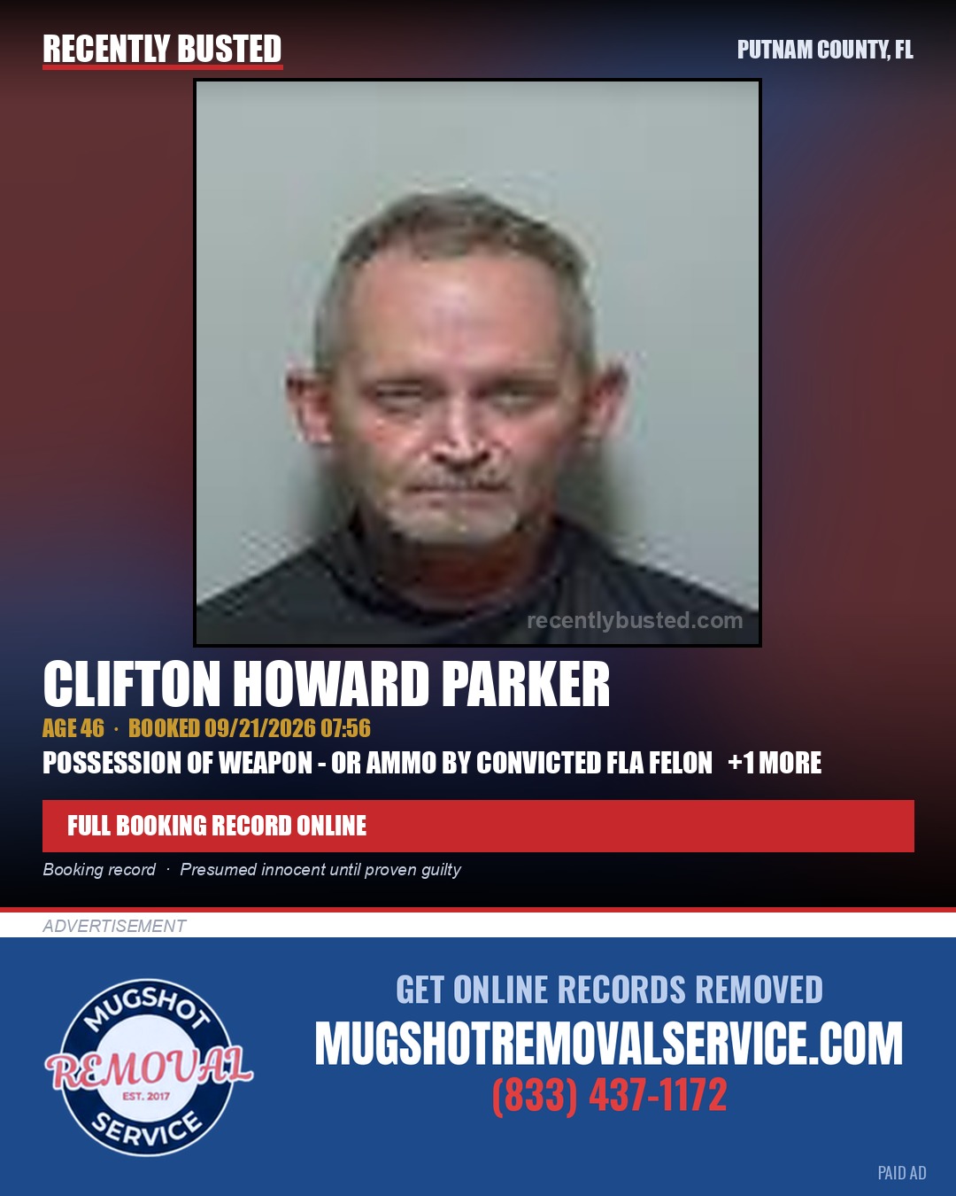 Clifton Howard Parker — arrest record card, Putnam County, Florida