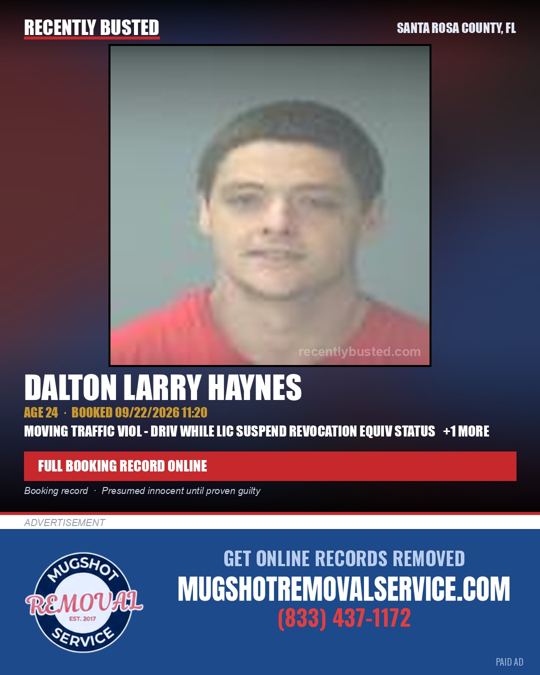 Dalton Larry Haynes — arrest record card, Santa Rosa County, Florida