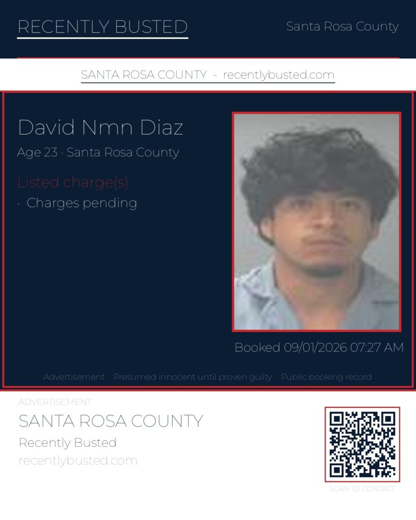 David Nmn Diaz — arrest record card, Santa Rosa County, Florida
