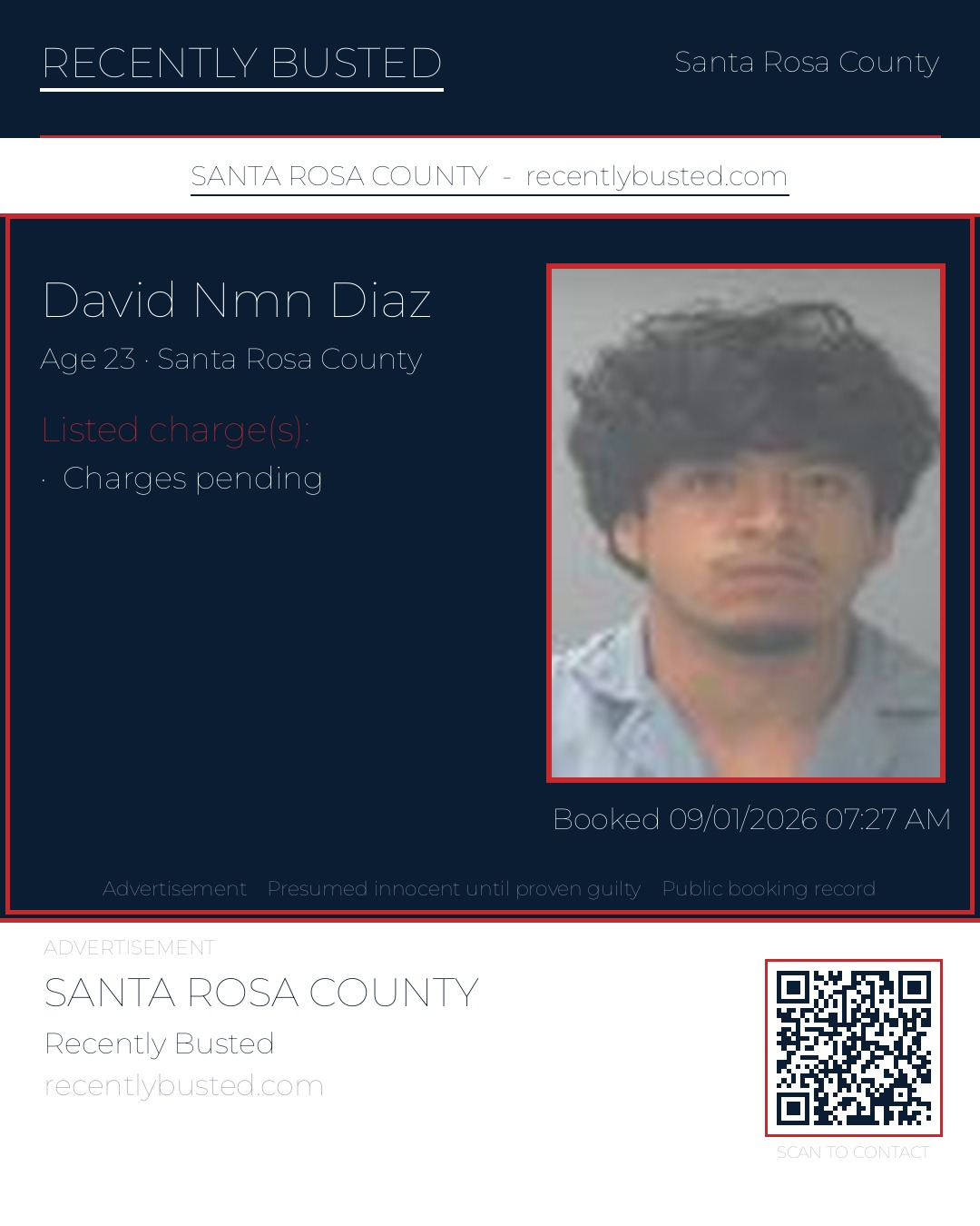 David Nmn Diaz — arrest record card, Santa Rosa County, Florida