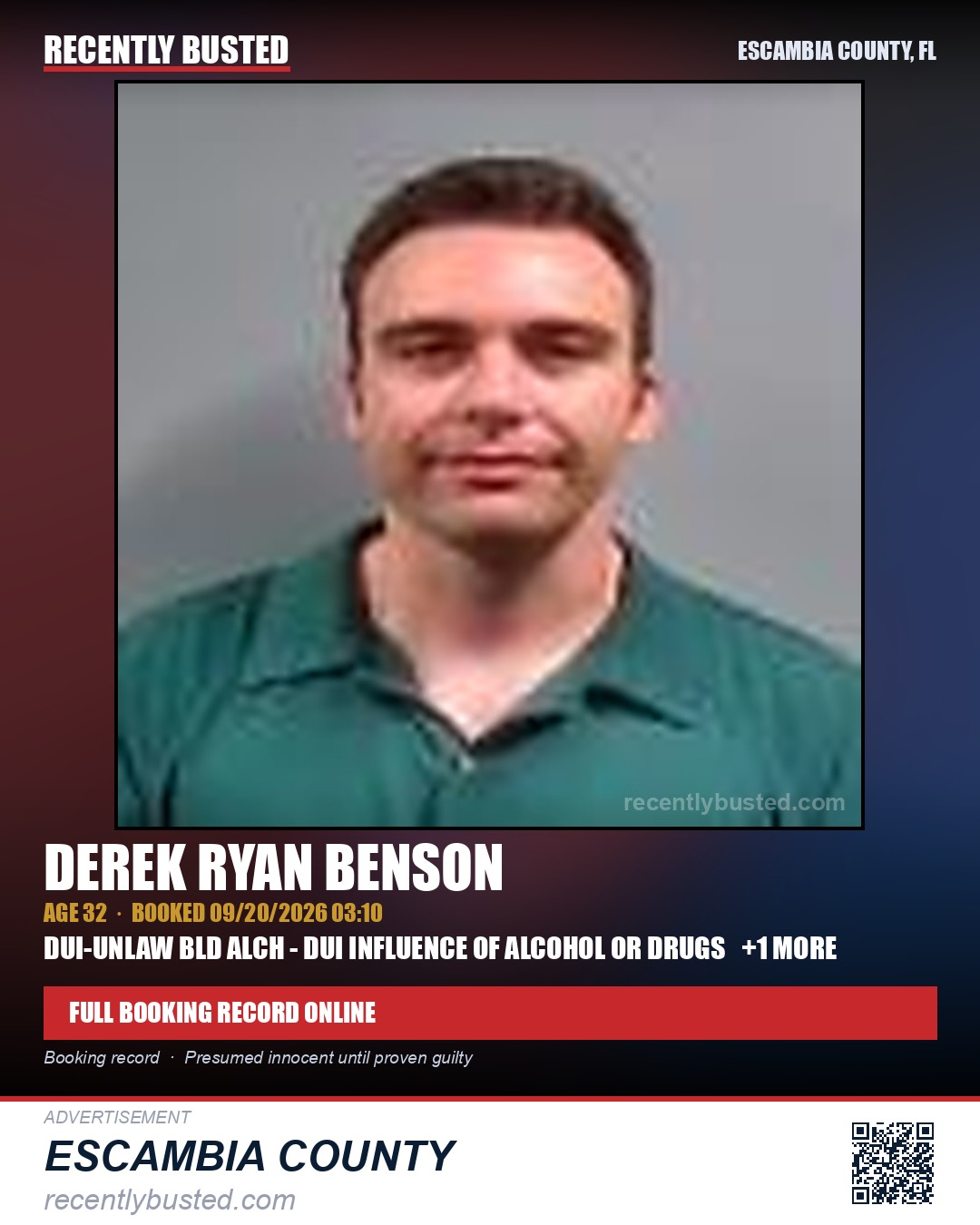 Derek Ryan Benson — arrest record card, Escambia County, Florida