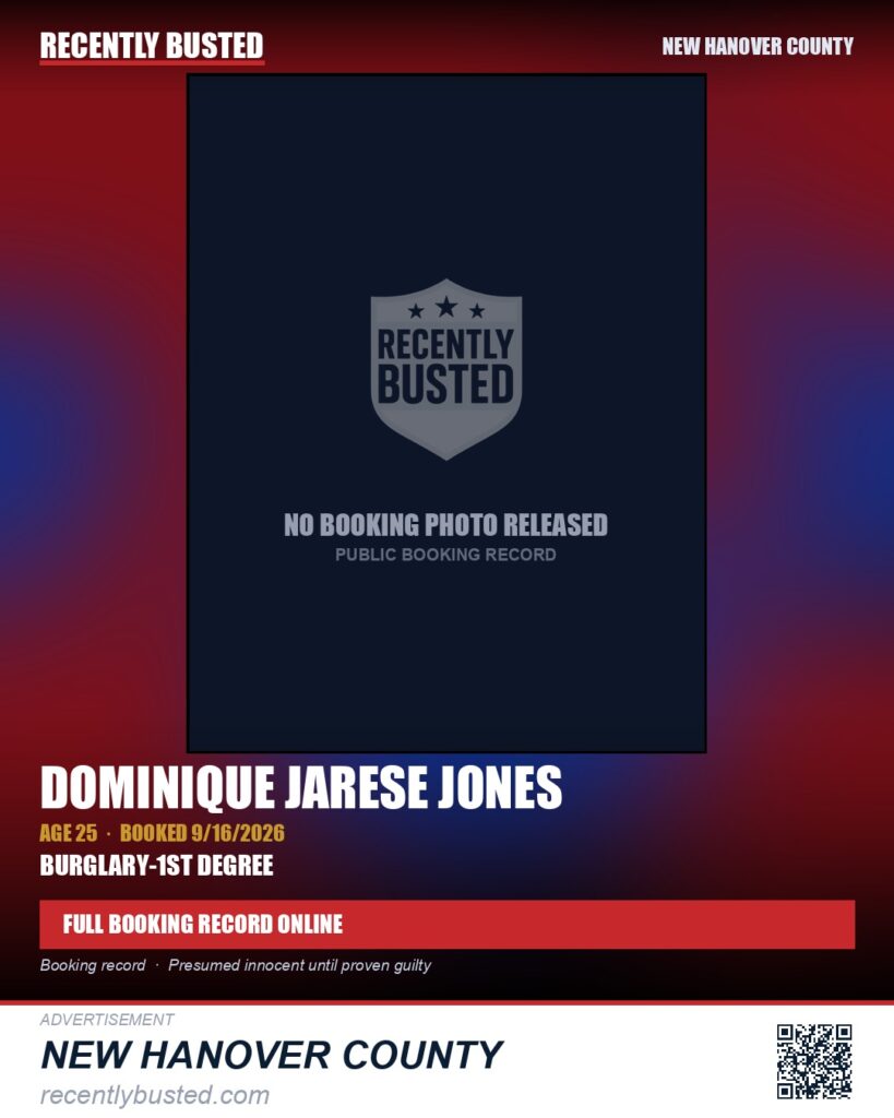 DOMINIQUE JARESE JONES — arrest record card, New Hanover