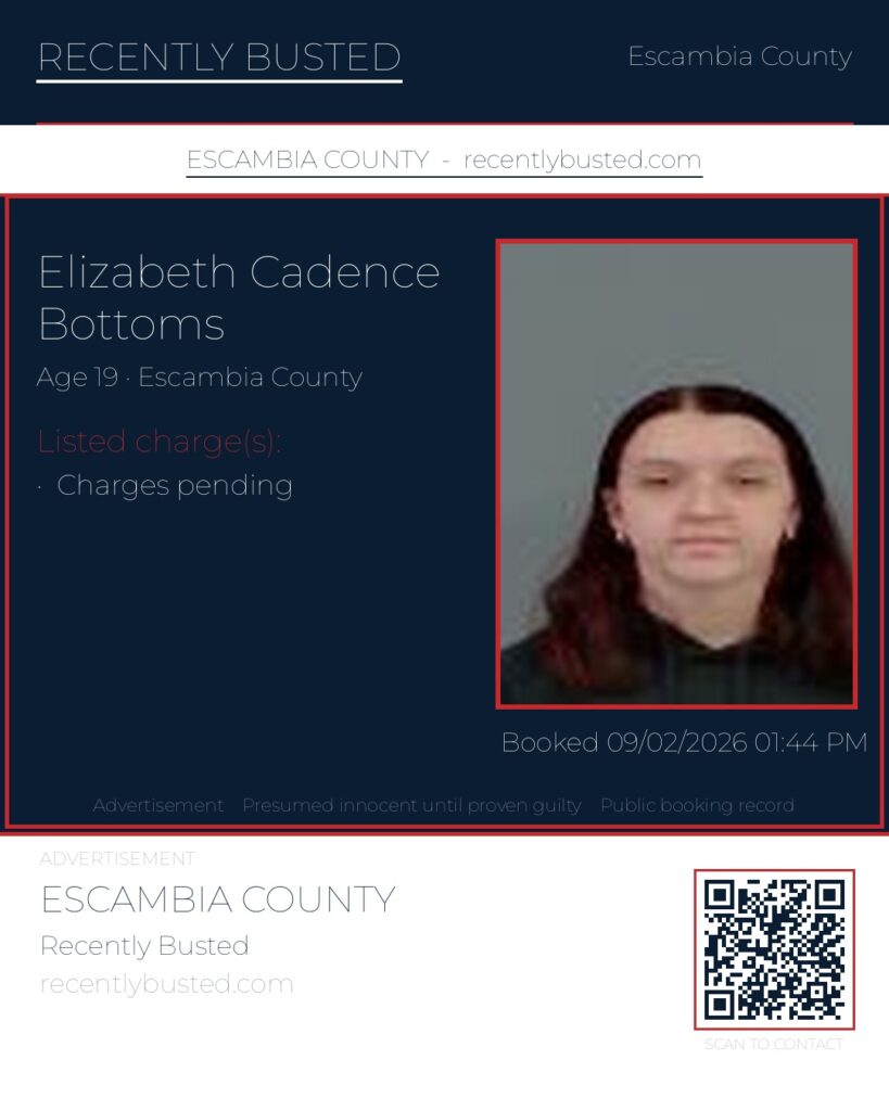 Elizabeth Cadence Bottoms — arrest record card, Escambia County, Florida