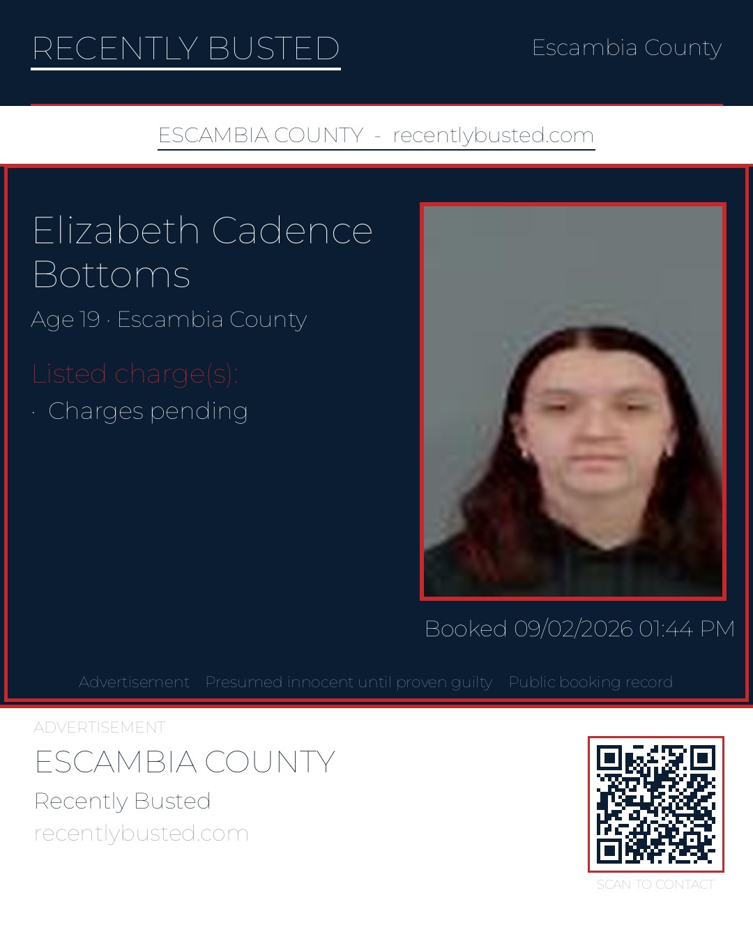 Elizabeth Cadence Bottoms — arrest record card, Escambia County, Florida