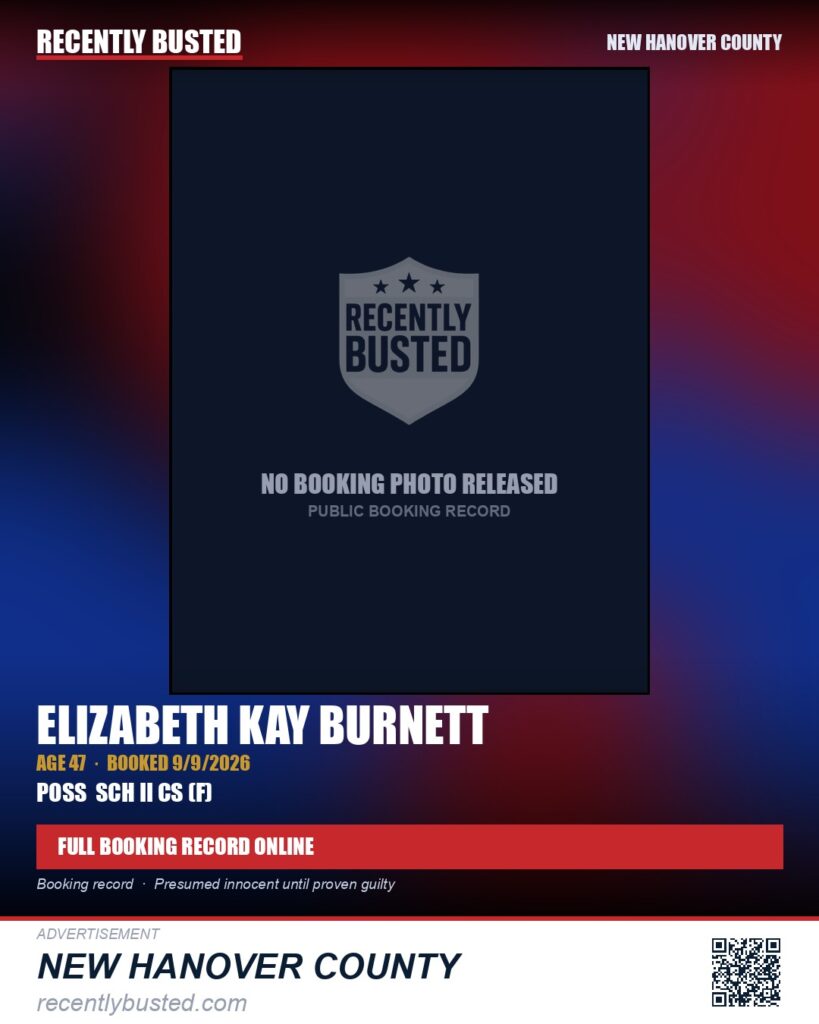 ELIZABETH KAY BURNETT — arrest record card, New Hanover