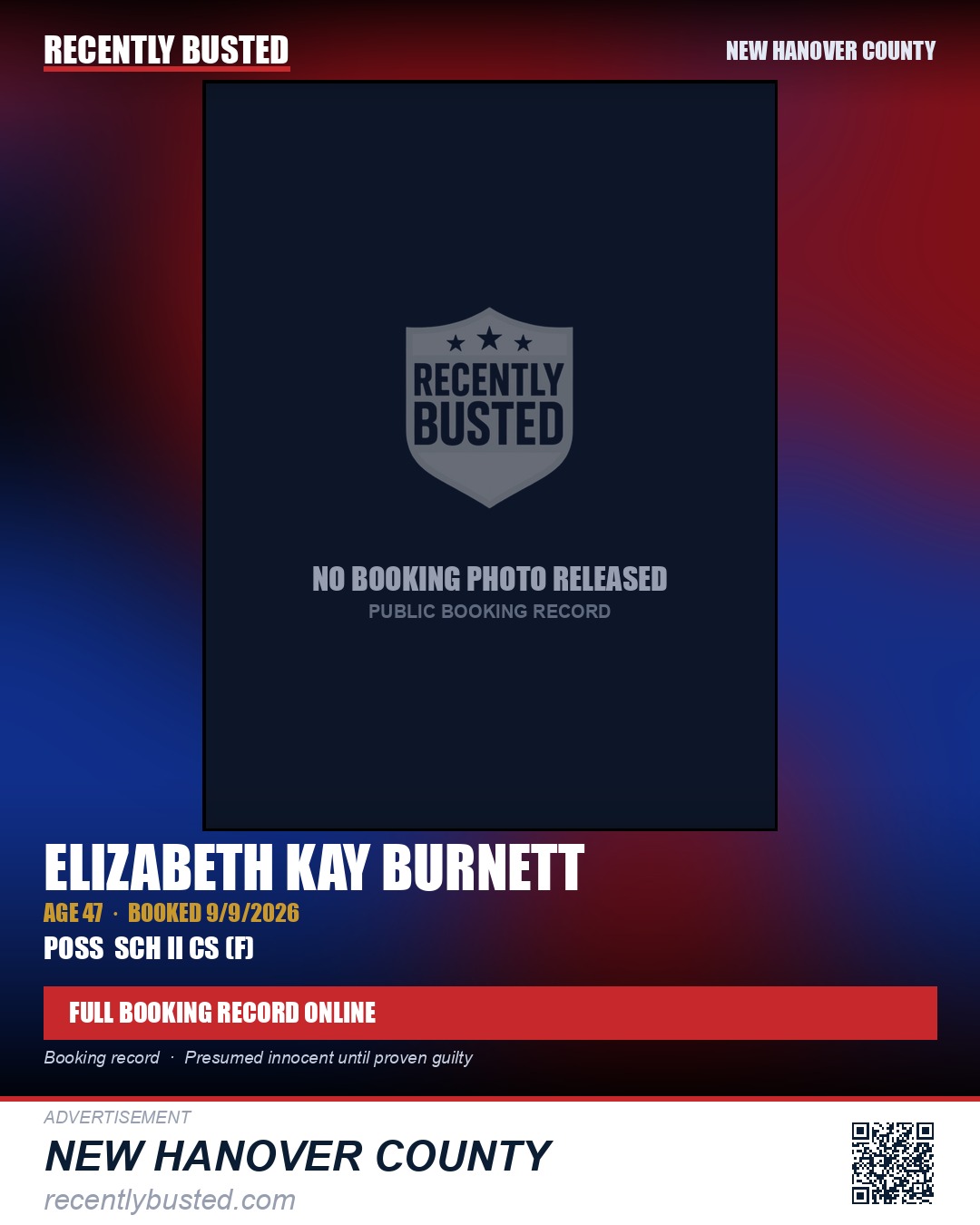 ELIZABETH KAY BURNETT — arrest record card, New Hanover County