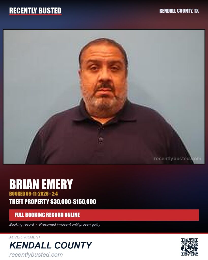 Emery, Brian — arrest record card, Kendall County, Texas