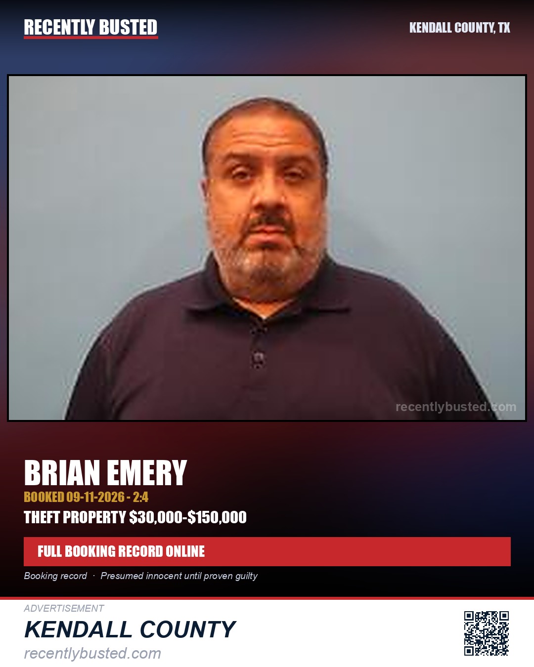 Emery, Brian — arrest record card, Kendall County, Texas