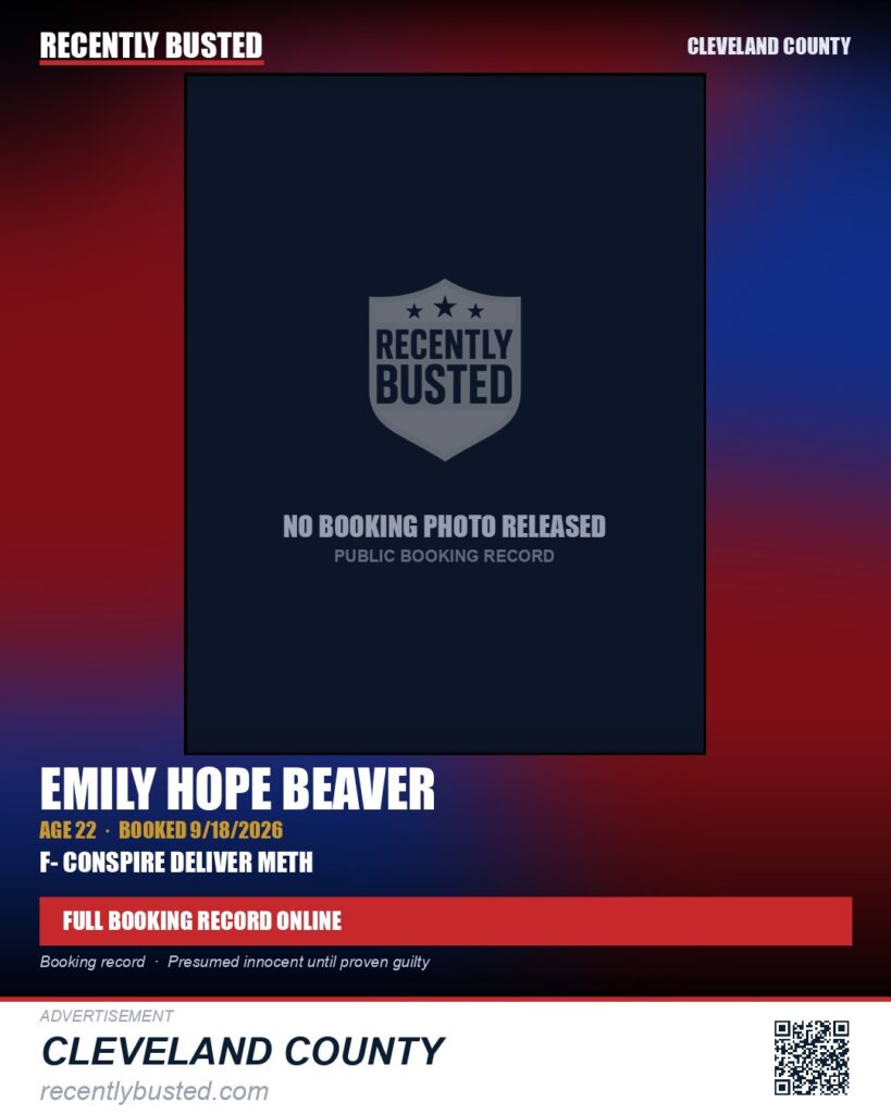 EMILY HOPE BEAVER — arrest record card, Cleveland County