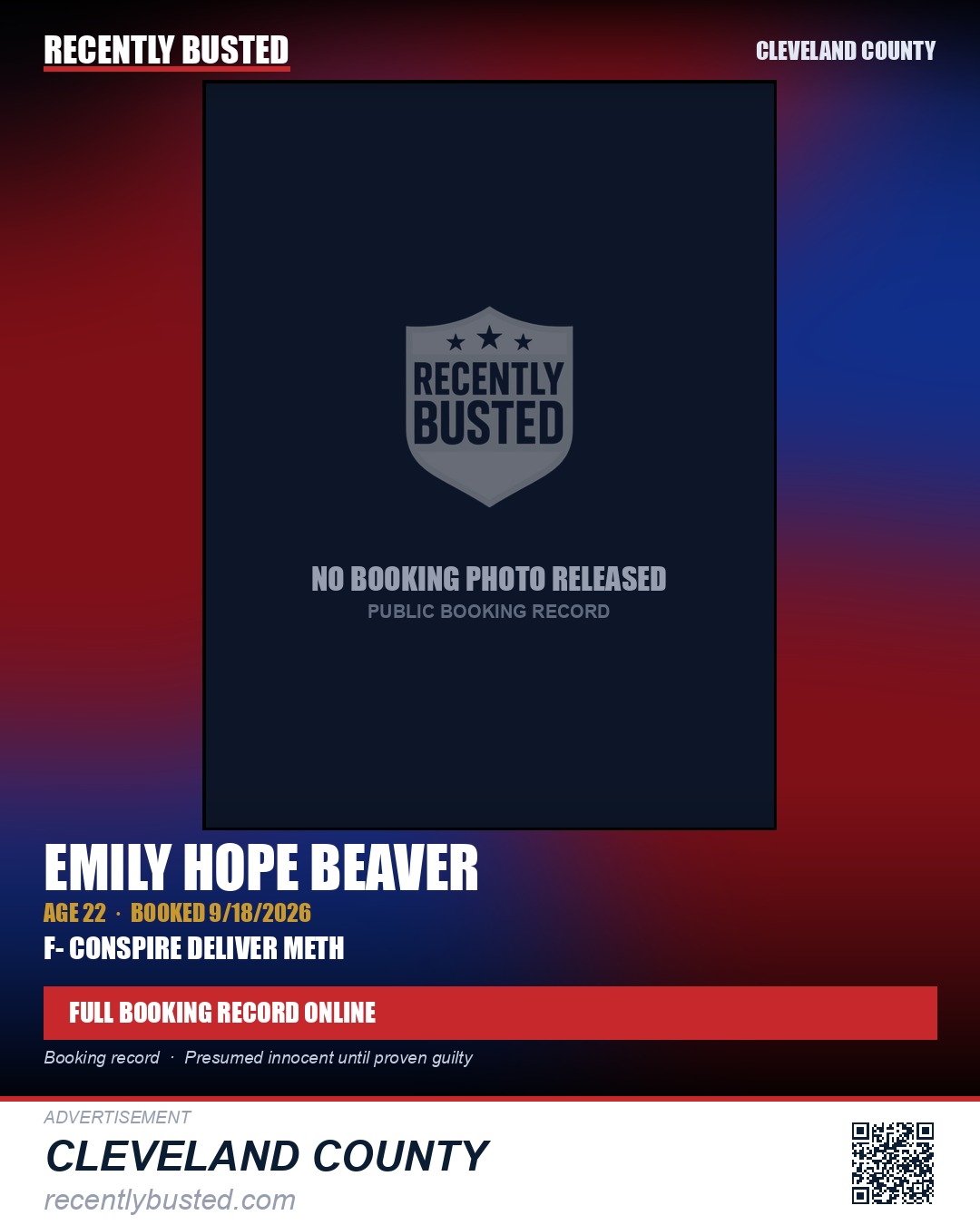 EMILY HOPE BEAVER — arrest record card, Cleveland County