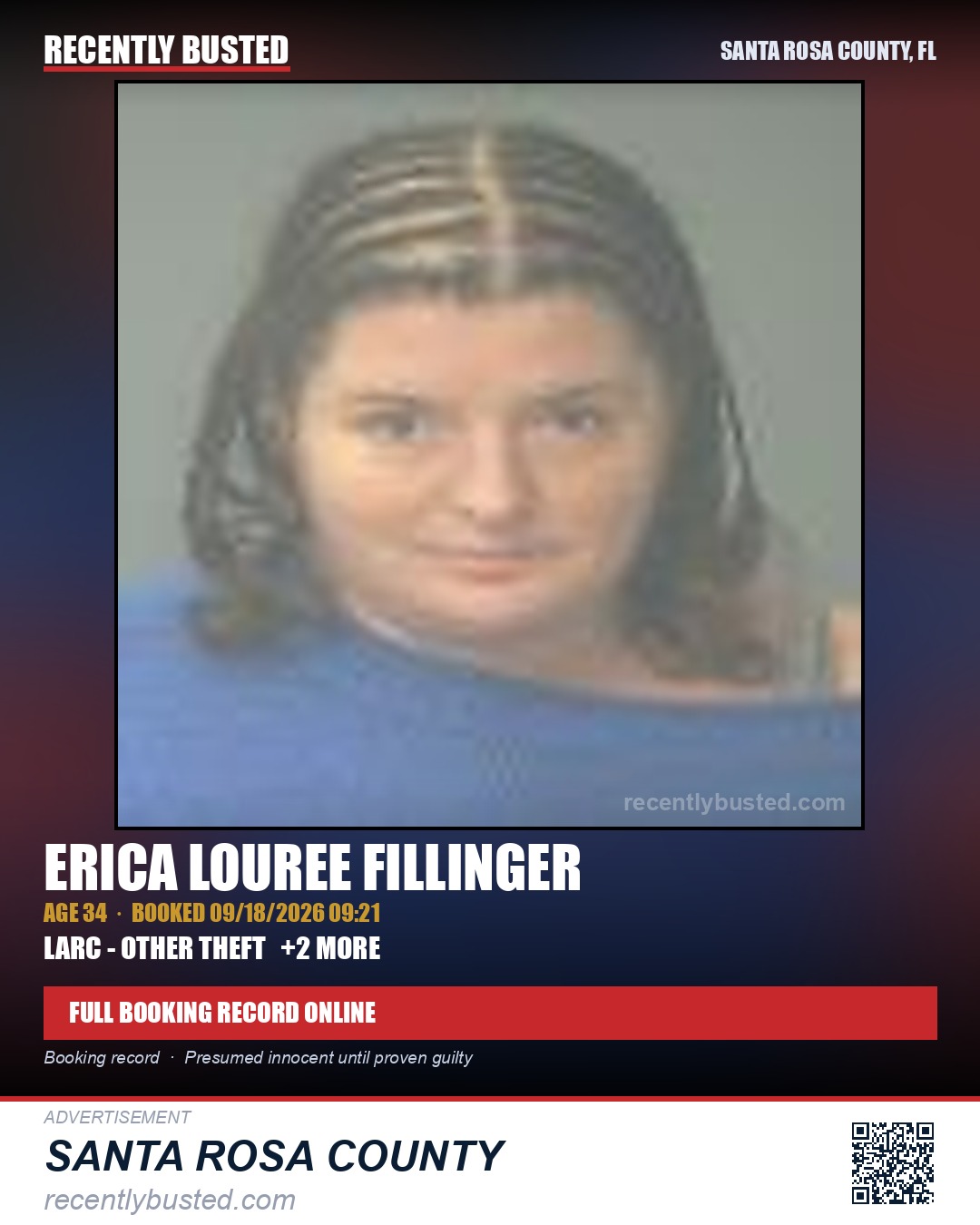 Erica Louree Fillinger — arrest record card, Santa Rosa County, Florida