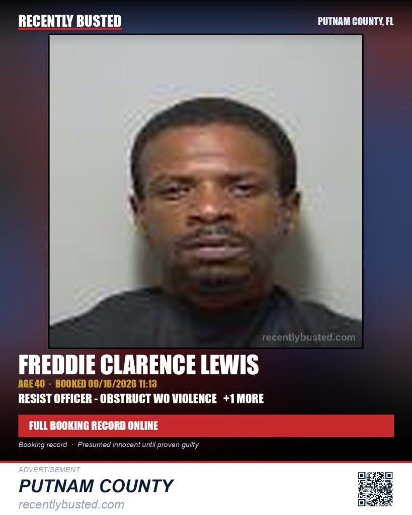 Freddie Clarence Lewis — arrest record card, Putnam County, Florida