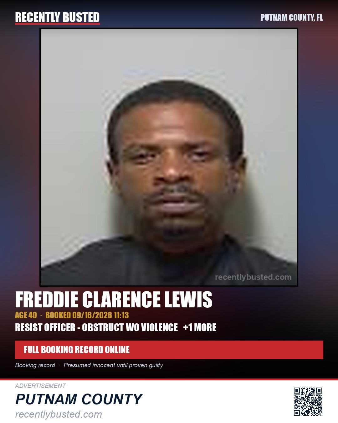 Freddie Clarence Lewis — arrest record card, Putnam County, Florida