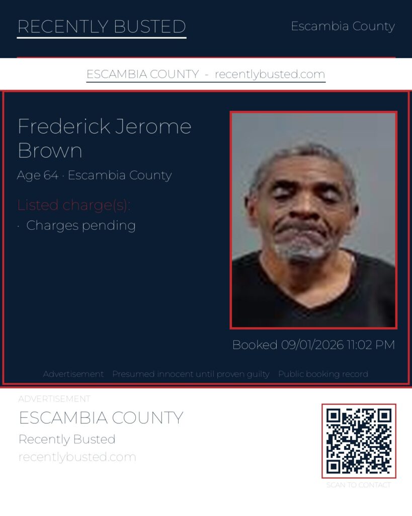 Frederick Jerome Brown — arrest record card, Escambia County, Florida