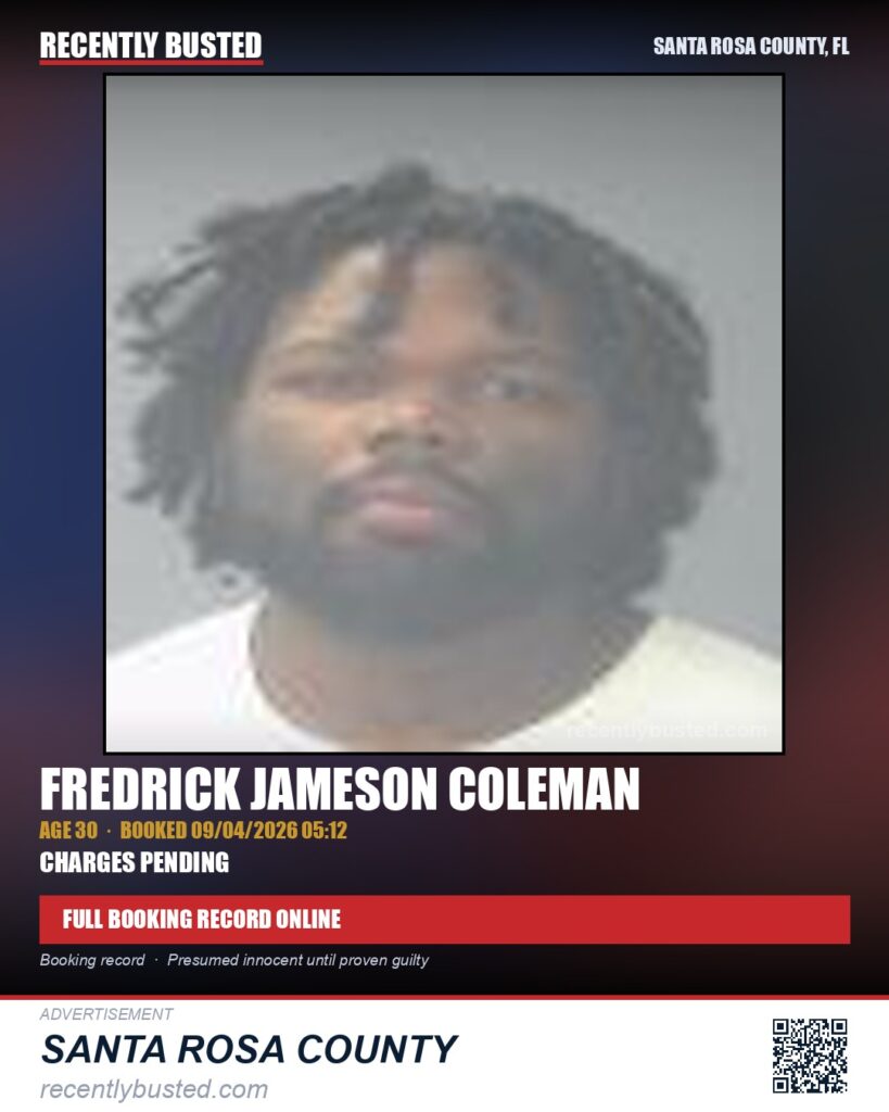 Fredrick Jameson Coleman — arrest record card, Santa Rosa County, Florida