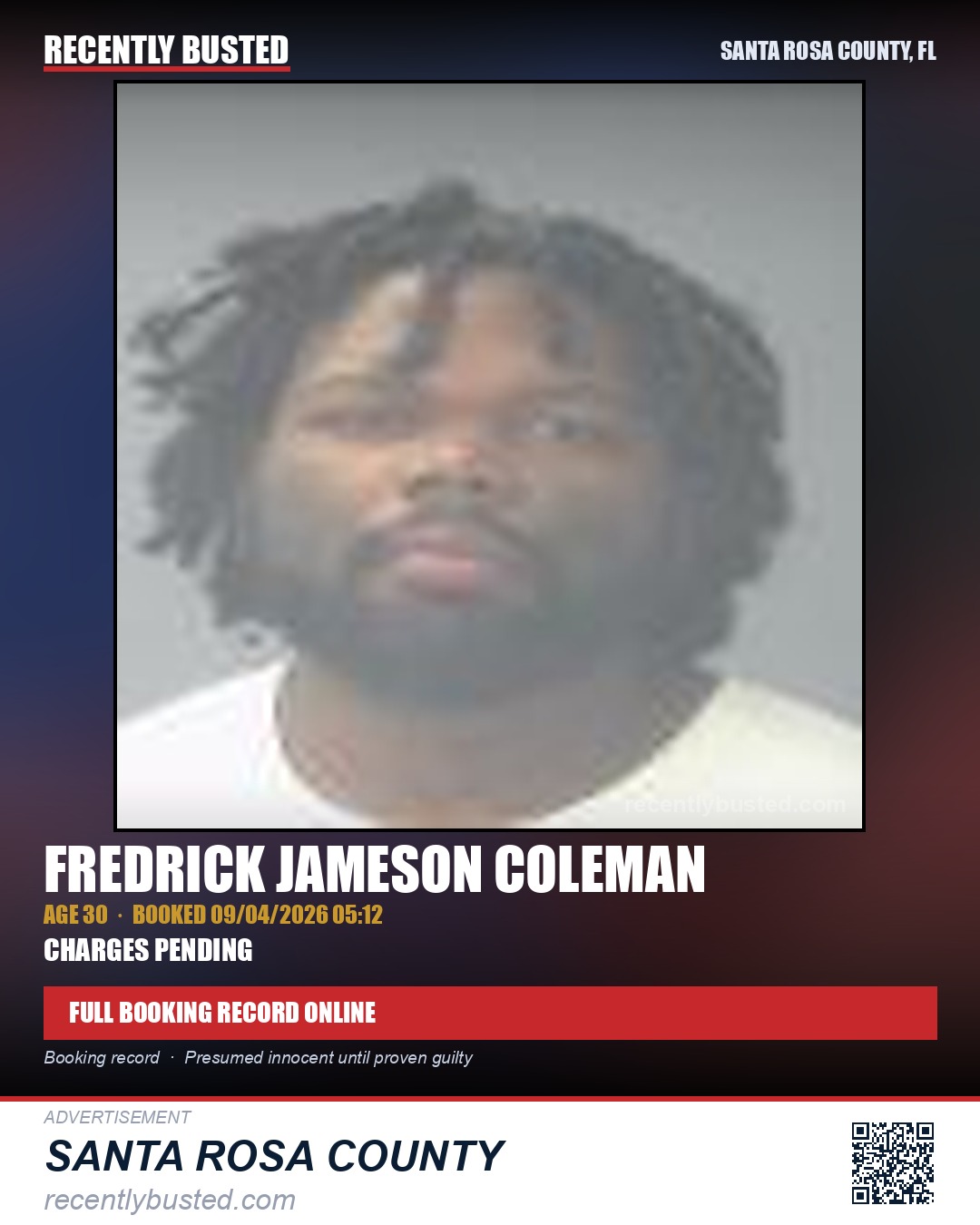 Fredrick Jameson Coleman — arrest record card, Santa Rosa County, Florida
