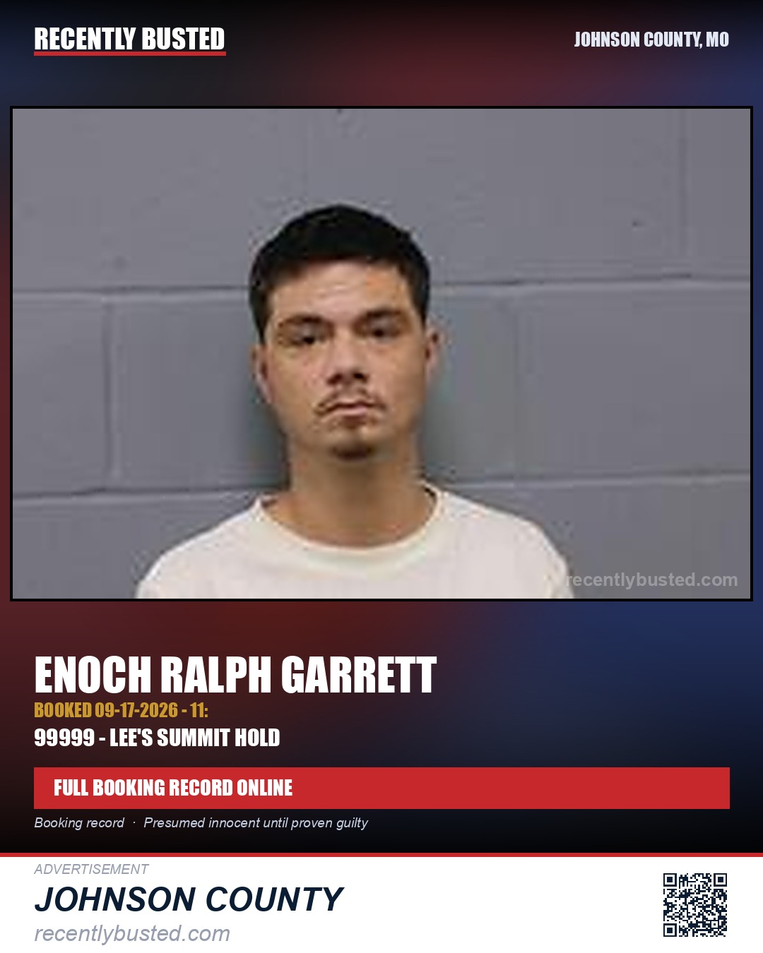 GARRETT, ENOCH RALPH — arrest record card, Johnson County, Missouri