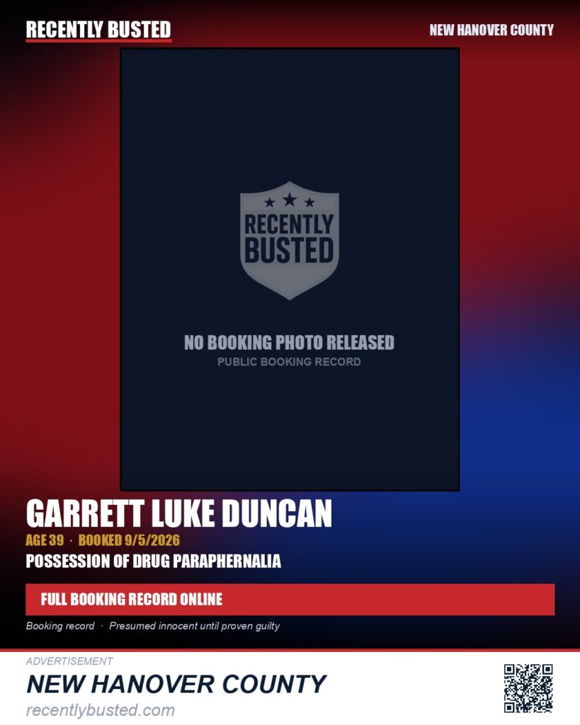 GARRETT LUKE DUNCAN — arrest record card, New Hanover