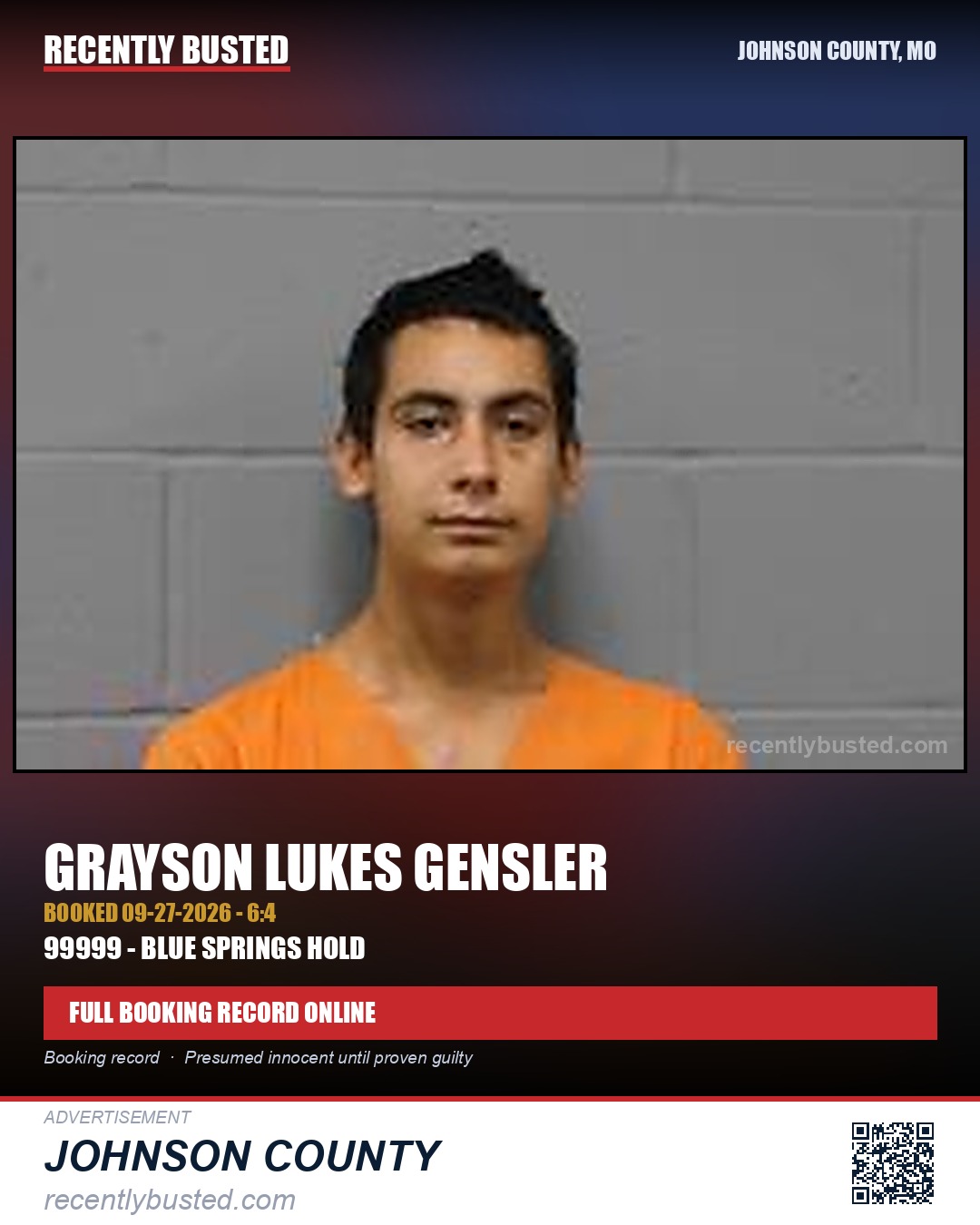 GENSLER, GRAYSON LUKES — arrest record card, Johnson County, Missouri