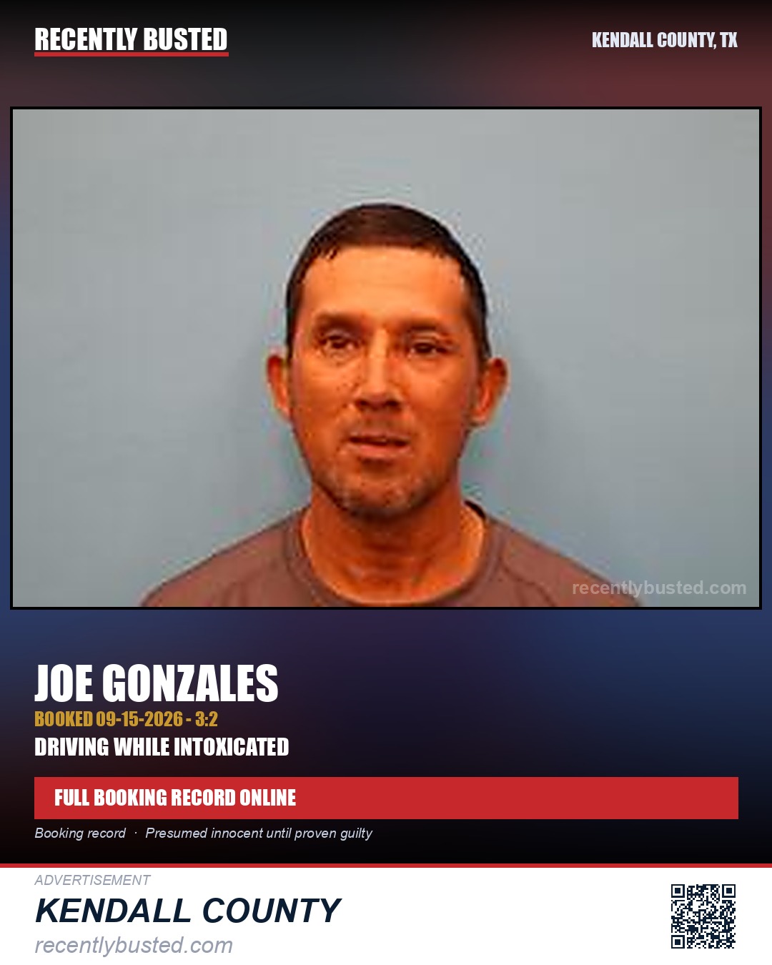 Gonzales, Joe — arrest record card, Kendall County, Texas