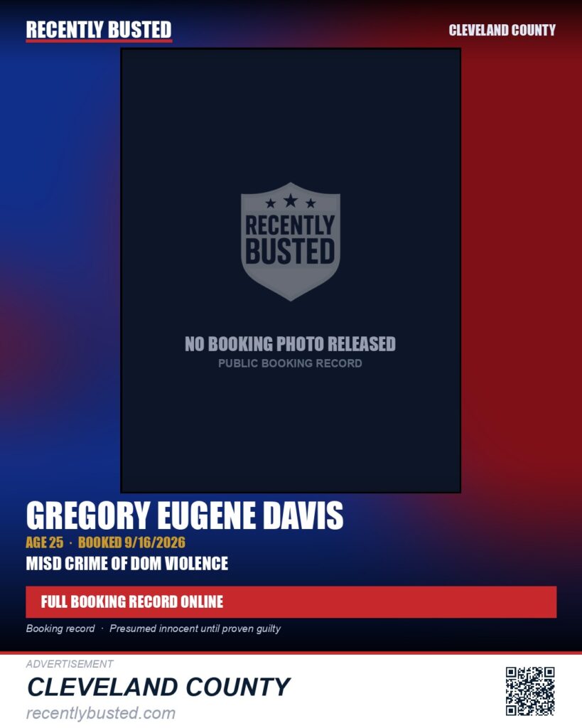GREGORY EUGENE DAVIS — arrest record card, Cleveland County