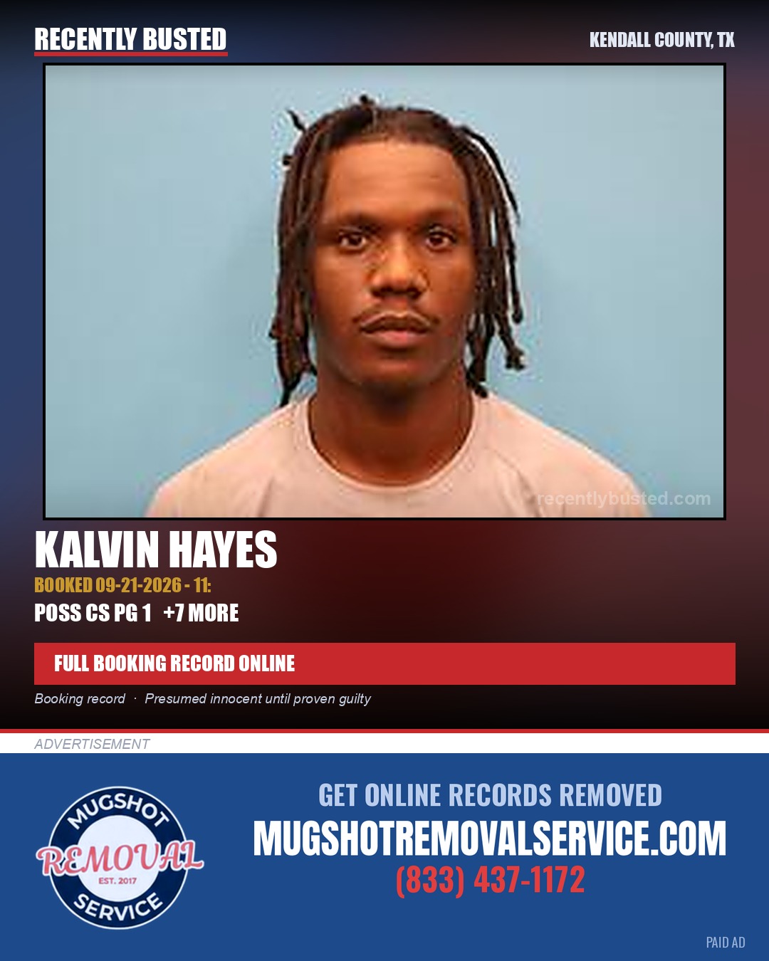 Hayes, Kalvin — arrest record card, Kendall County, Texas