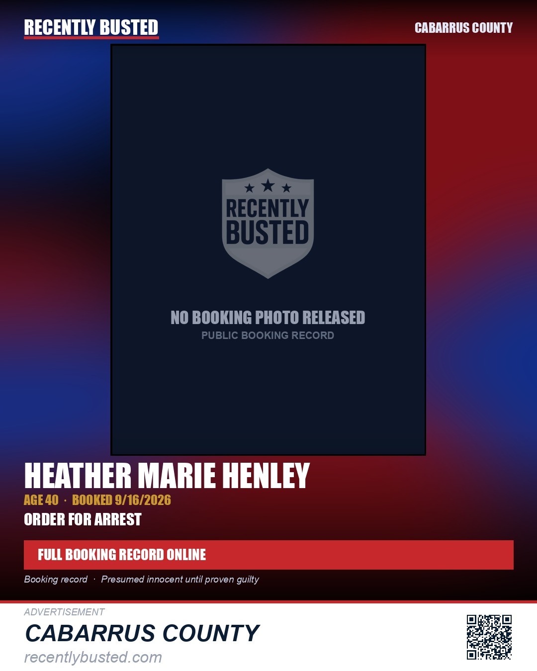 HEATHER MARIE HENLEY — arrest record card, Cabarrus County