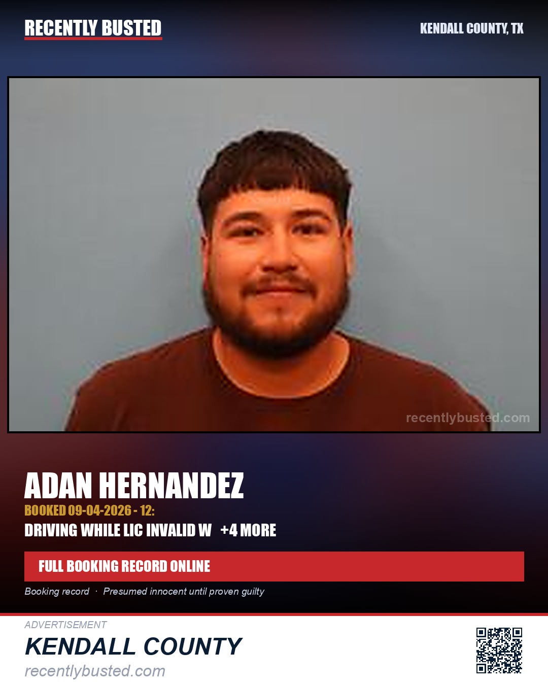 Hernandez, Adan — arrest record card, Kendall County, Texas