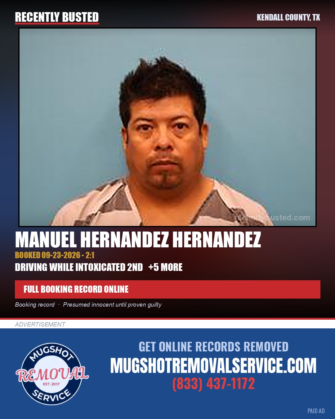 Hernandez Hernandez, Manuel — arrest record card, Kendall County, Texas