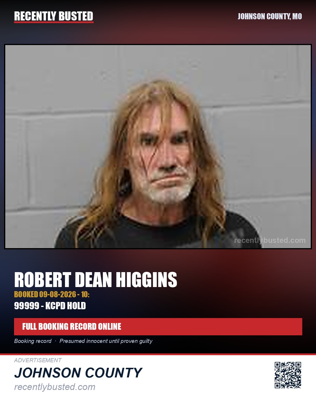 HIGGINS, ROBERT DEAN — arrest record card, Johnson County, Missouri