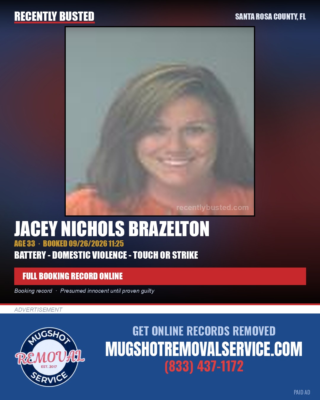 Jacey Nichols Brazelton — arrest record card, Santa Rosa County, Florida