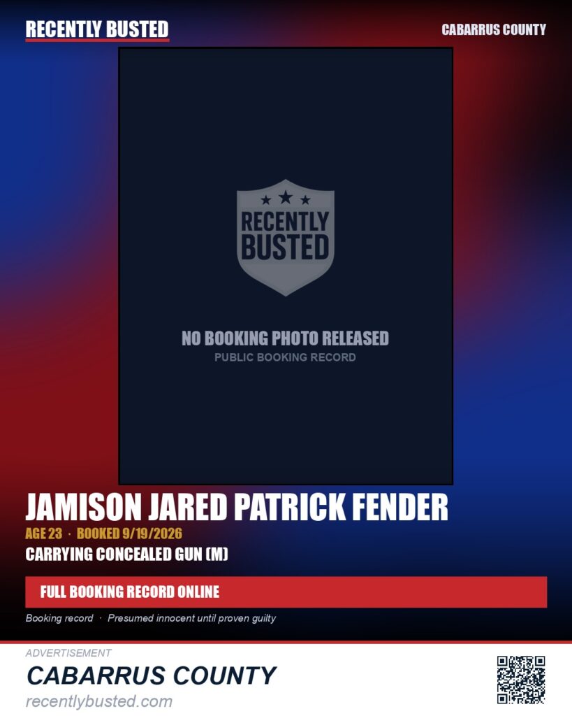 JAMISON JARED PATRICK FENDER — arrest record card, Cabarrus County