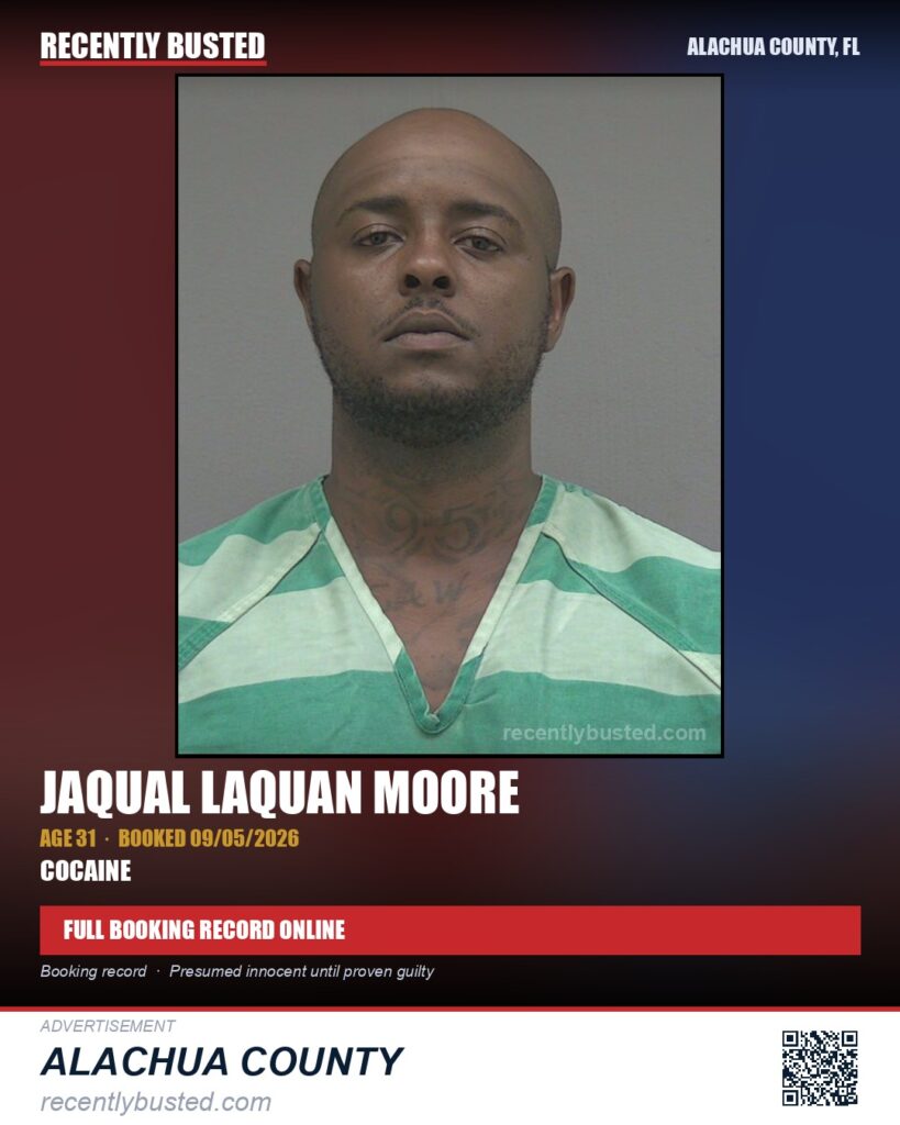 Jaqual Laquan Moore — arrest record card, Alachua County, Florida