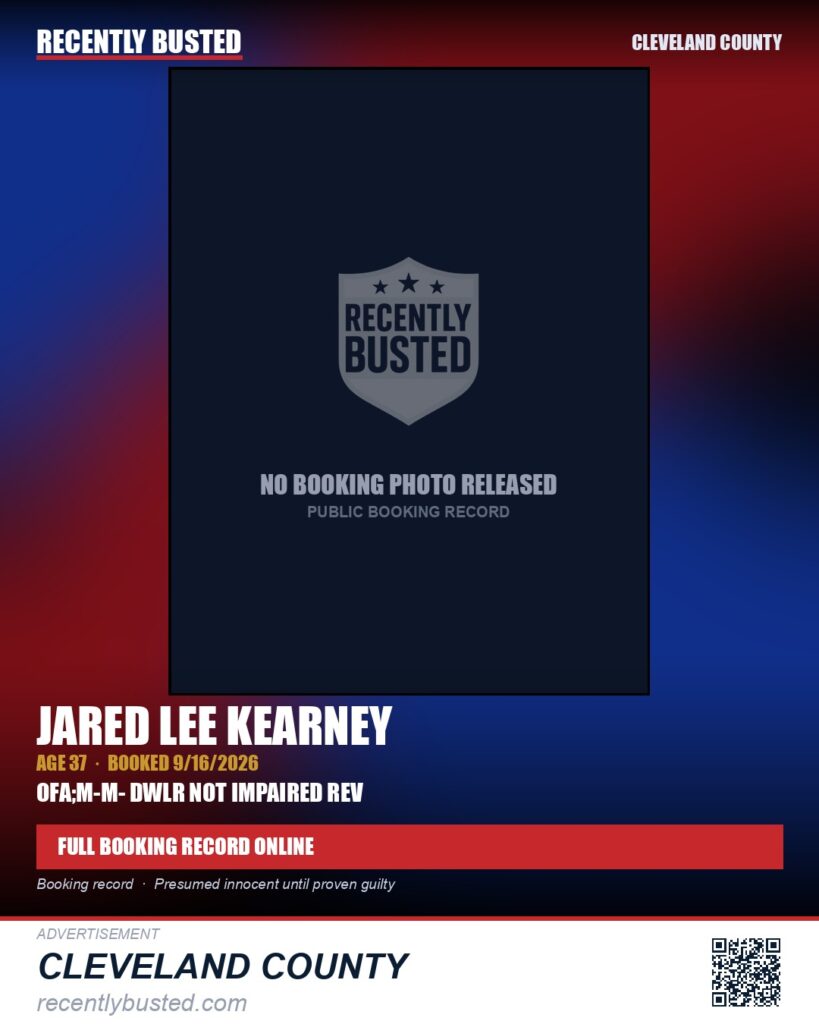 JARED LEE KEARNEY — arrest record card, Cleveland County