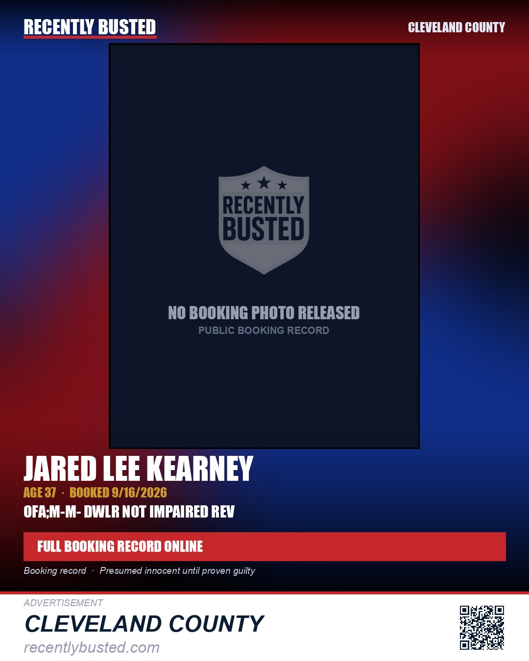 JARED LEE KEARNEY — arrest record card, Cleveland County