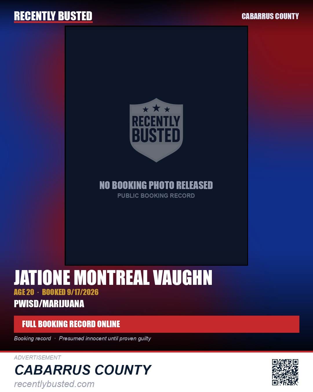 JATIONE MONTREAL VAUGHN — arrest record card, Cabarrus County